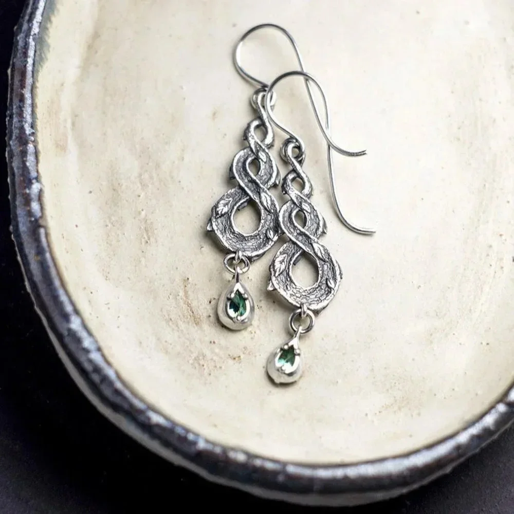 "Ethnic Twisted Retro Silver Plated Waterdrop Emerald Gemstone Leaf UNVN12484 - Picture 2 of 5